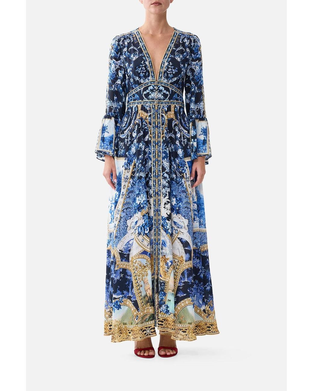 Camilla Blue Shaped Waistband Dress With Ruffle Sleeve Sweet Sacré Bleu