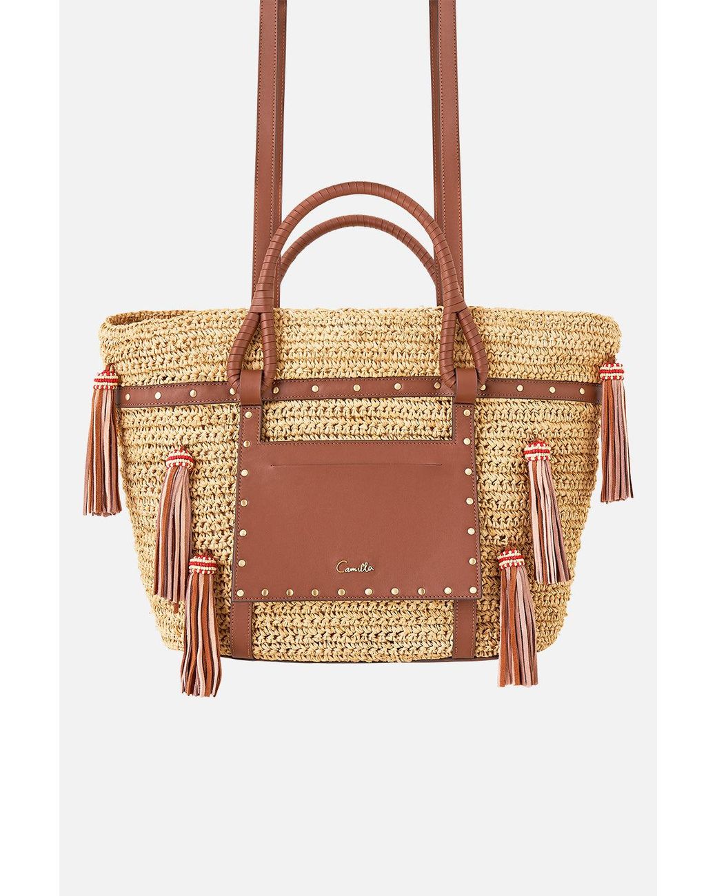 Camilla Brown Raffia Tote With Tassels Natural