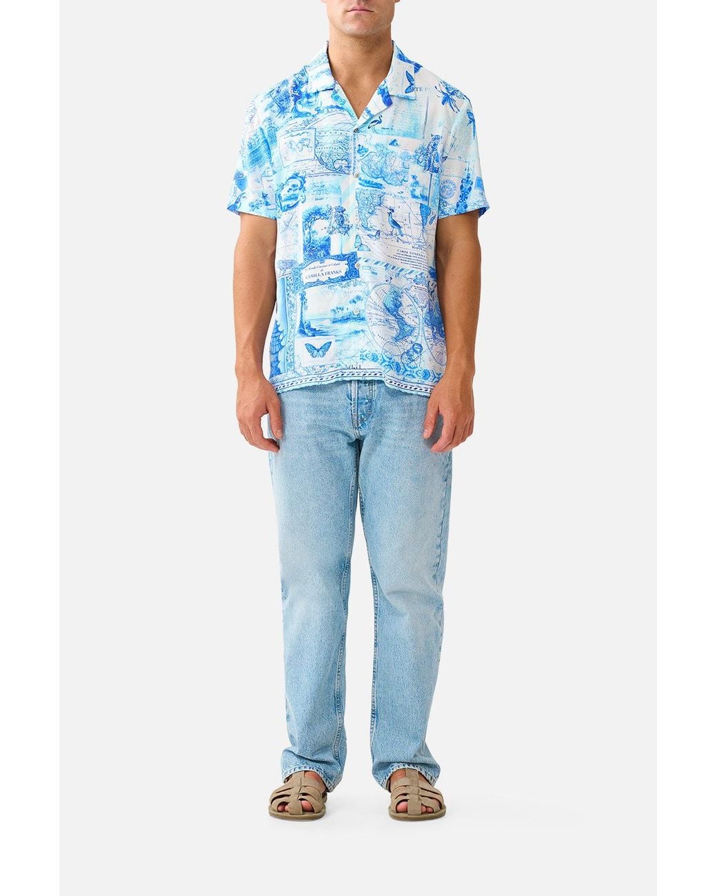 Camilla Blue Short Sleeve Camp Collared Shirt Journal De Voyage for men