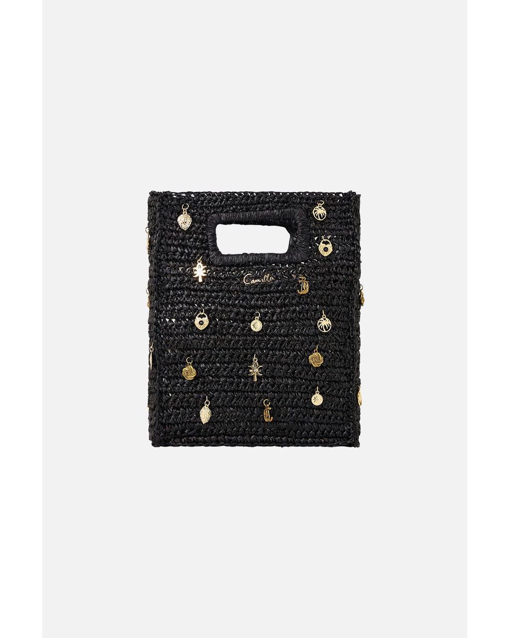 Camilla Black Raffia Mini North South Tote With Charms Solid