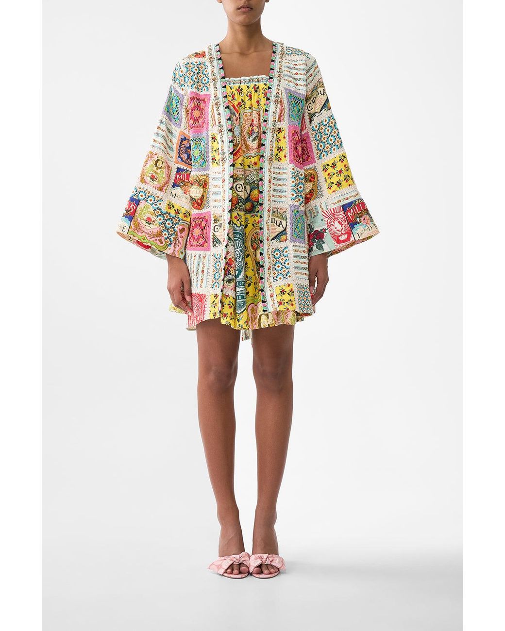 Camilla Yellow Short Kimono Wrap Aromatic Tiger Flower