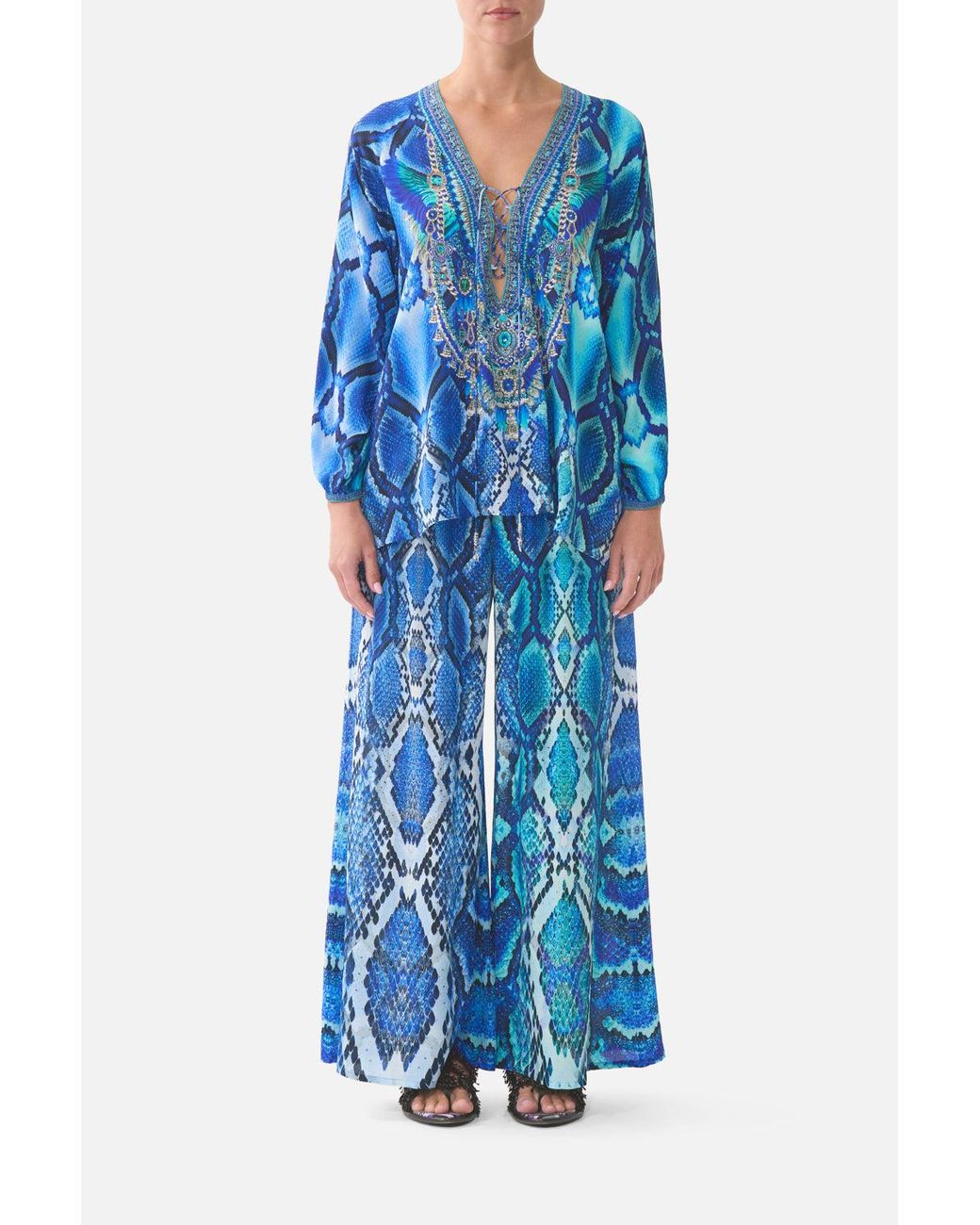 Camilla Blue Shirred Waist Pant The Sapphire Serpent
