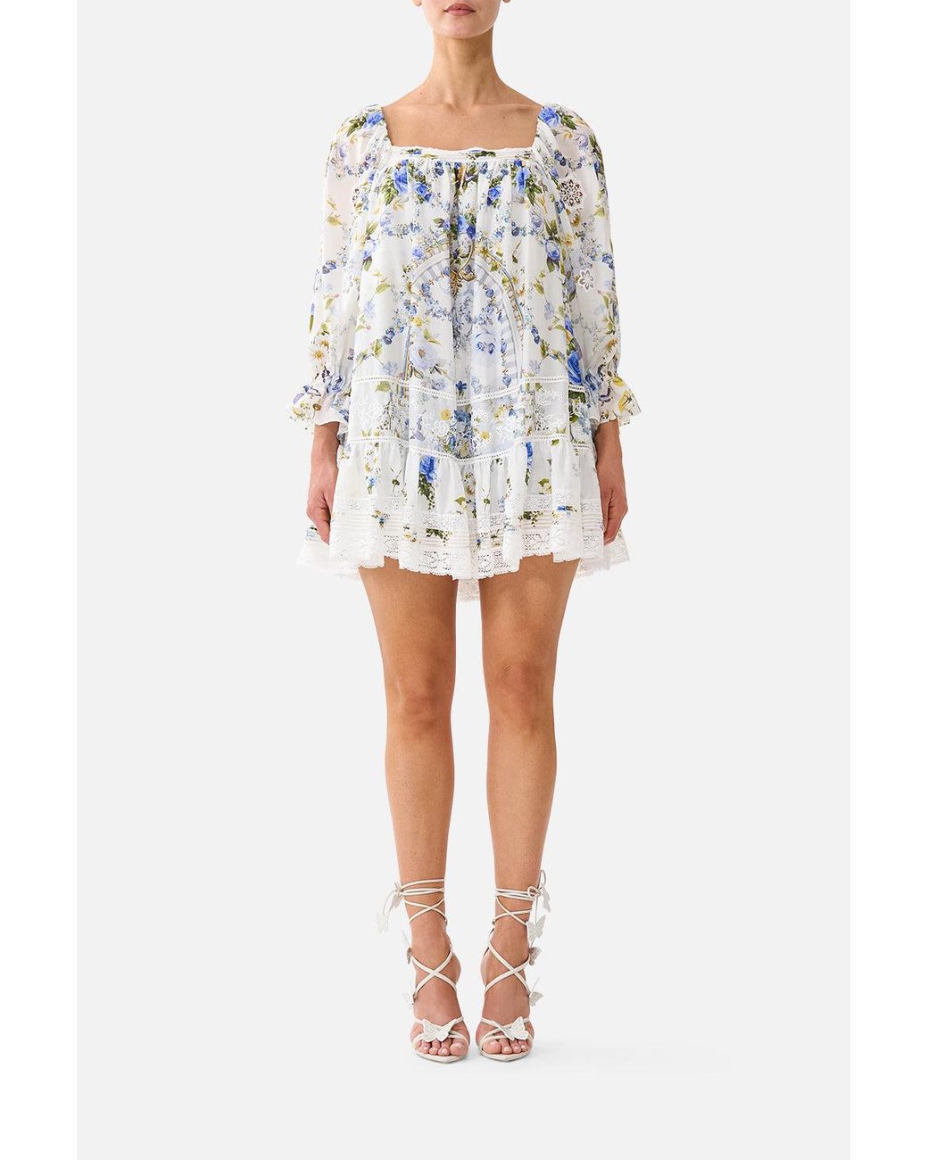 Camilla White Square Neck Short Dress With Pintucks Dandelion Skies