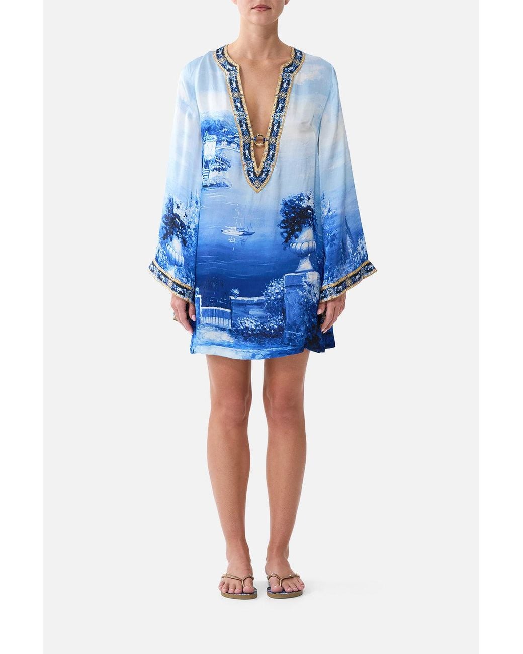 Camilla Blue Deep V Neck Hardware Short Kaftan Sweet Sacré Bleu