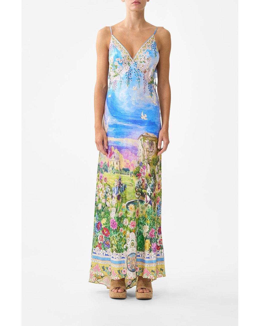 Camilla Blue V Neck Bias Slip Dress With Back Frill Navàs Nouveau