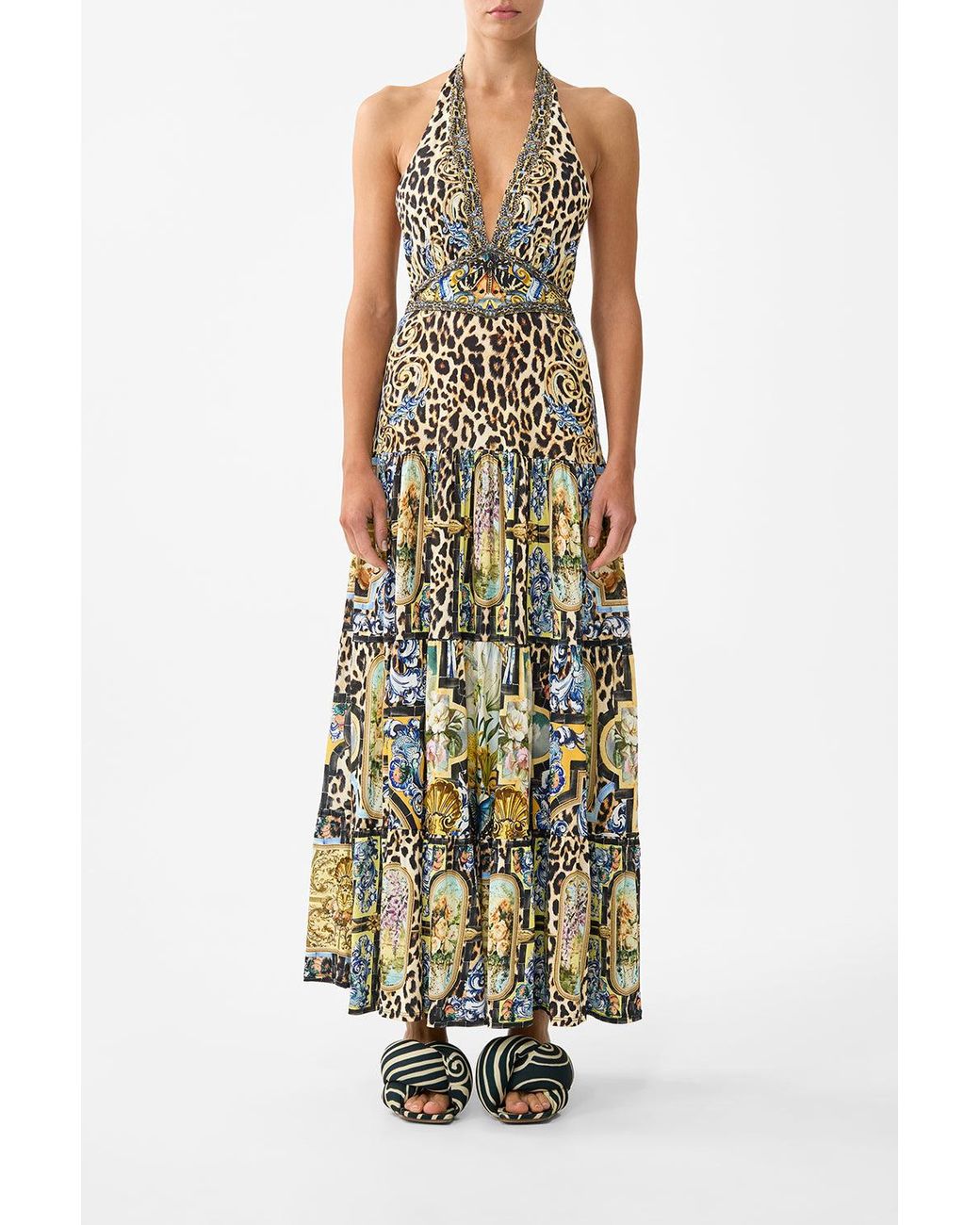 Camilla White Halter Jersey Dress With Tiered Skirt Sevillian Style