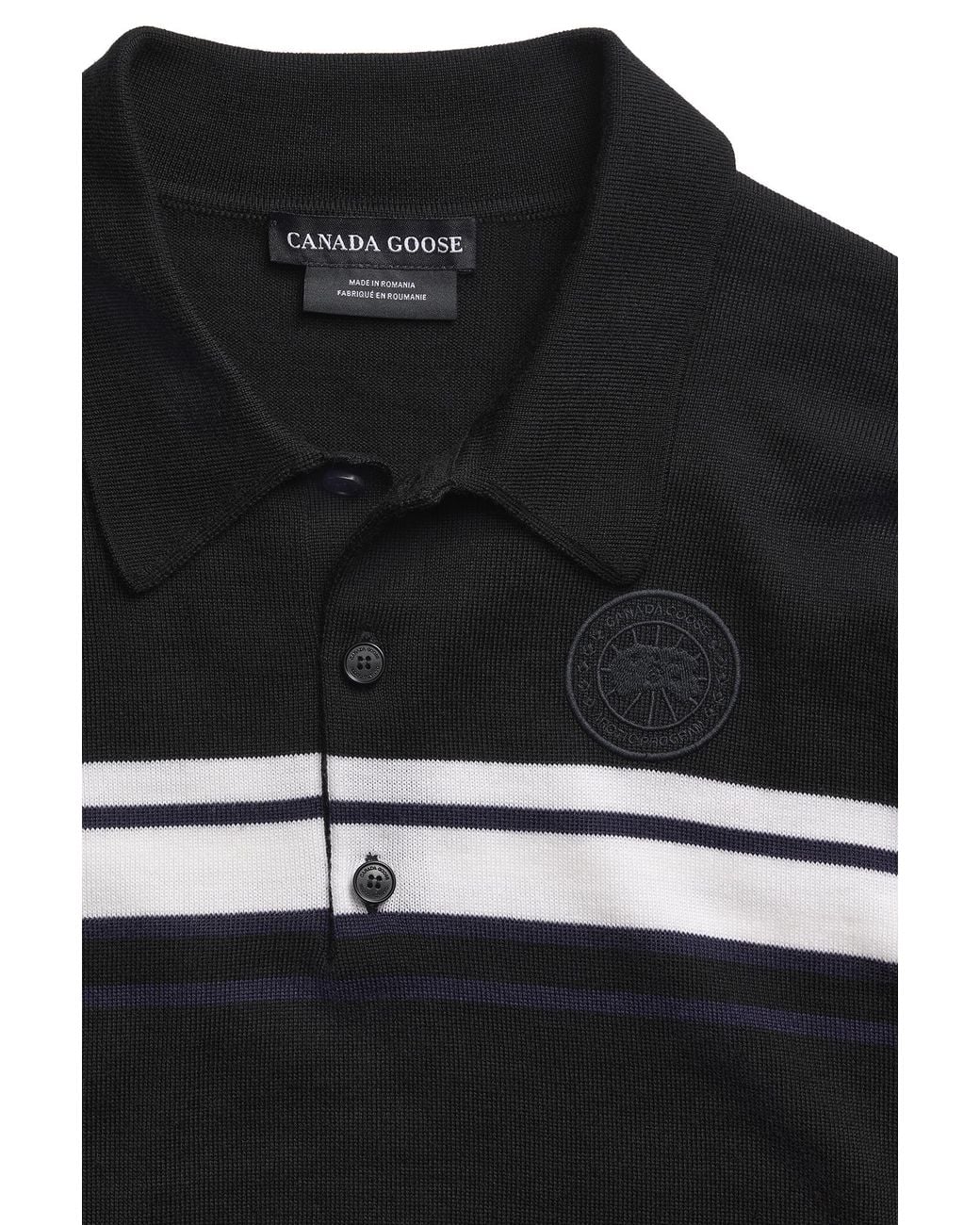 Canada Goose Black Petitot Striped Knit Long Sleeve Polo for men