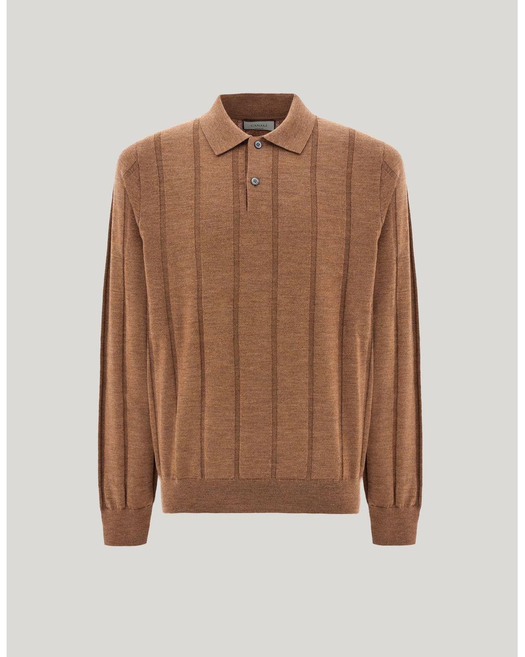 Canali Brown Ocher Merino Wool Structured-Rib Polo Shirt for men