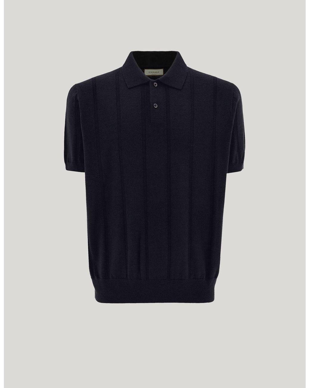 Canali Blue Merino Wool Structured-Rib Polo Shirt for men