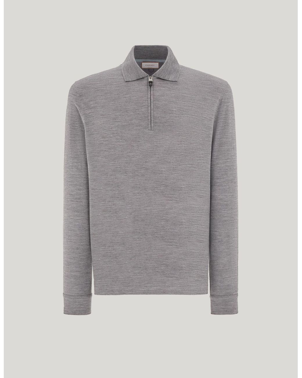 Canali Gray Impeccabile Melange Wool Zippered Polo Shirt for men