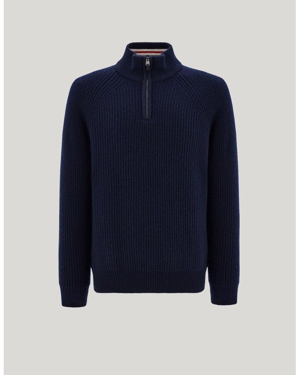 Canali Blue Cashmere English Rib Zippered Mock Neck Sweater for men