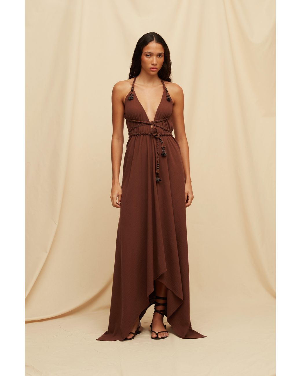 Caravana Brown Yatzil Tassel Maxi Dress Artisanal Cotton