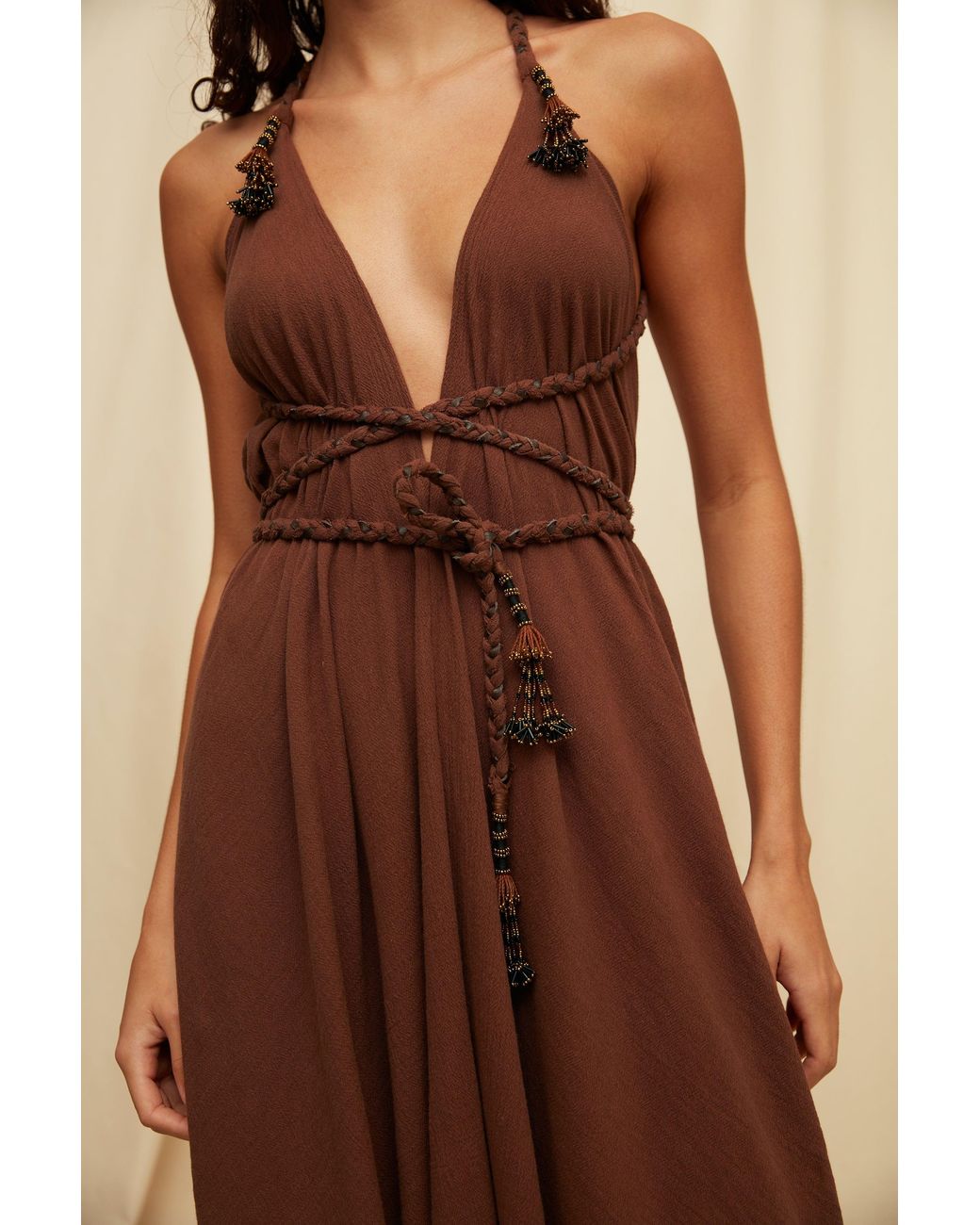 Caravana Brown Yatzil Tassel Maxi Dress Artisanal Cotton