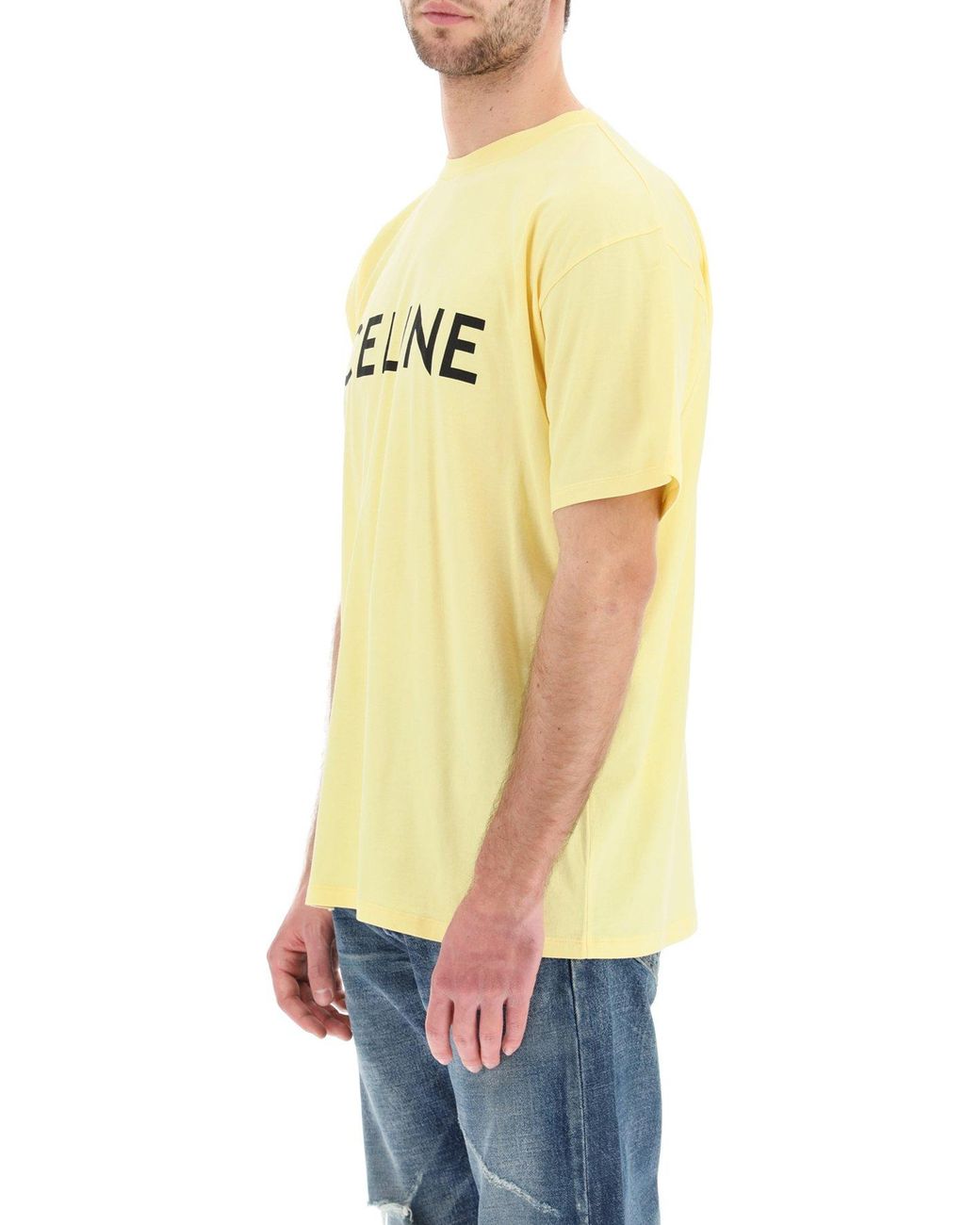 Celine Cotton Loose T-shirt With Logo Print in Yellow Black (Yellow 