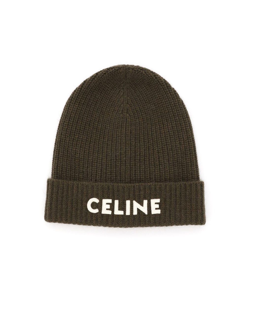 Celine Wool Logo Beanie Hat in Khaki 