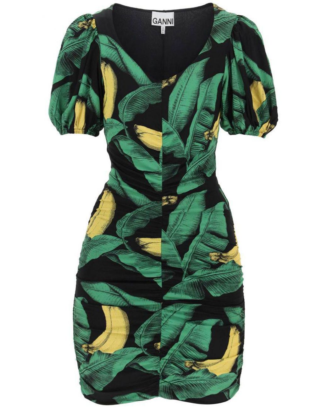 Ganni Synthetic Ruched Jersey Mini Dress in Black/Green/Yellow (Green) | Lyst