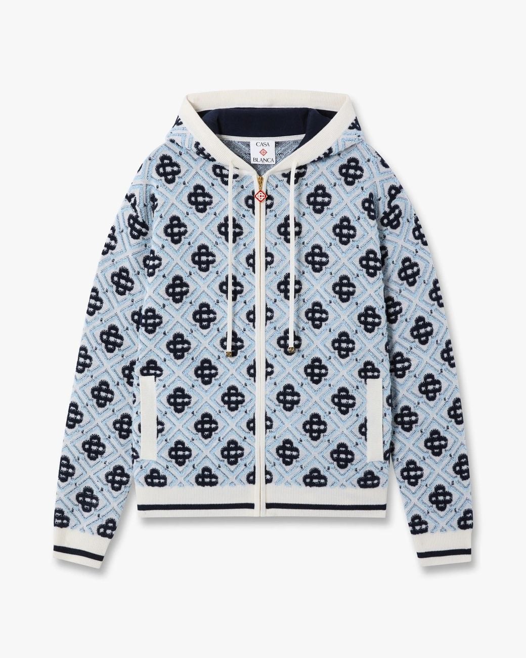 Casablanca Paris Blue Merino Monogram Zip-Up Hooded Sweatshirt, By for men