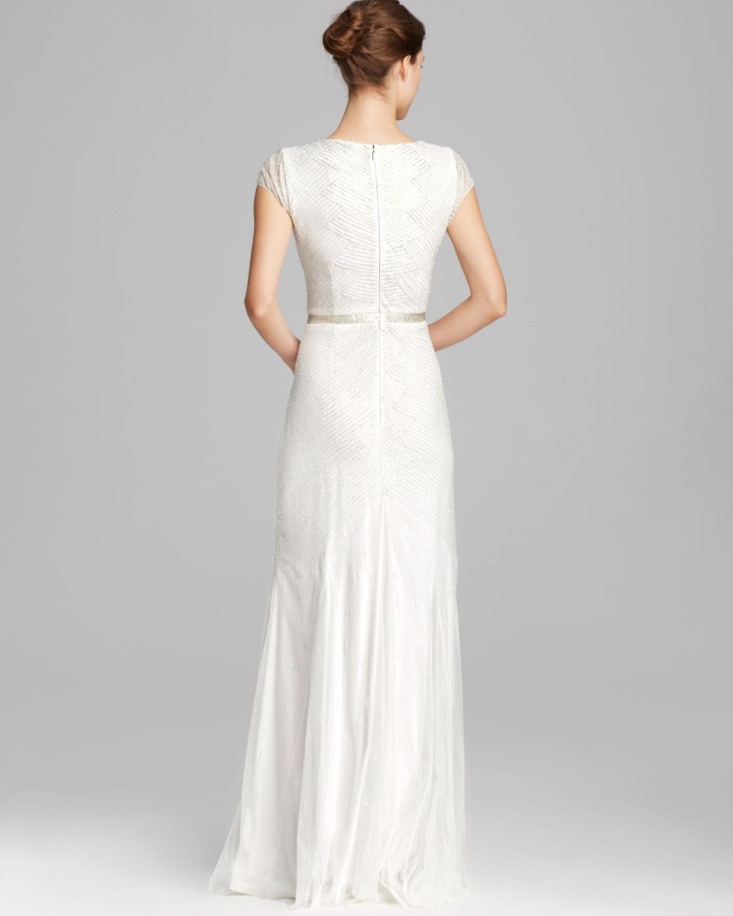 Adrianna Papell Gown - Cap Sleeve V Neck Beaded in White