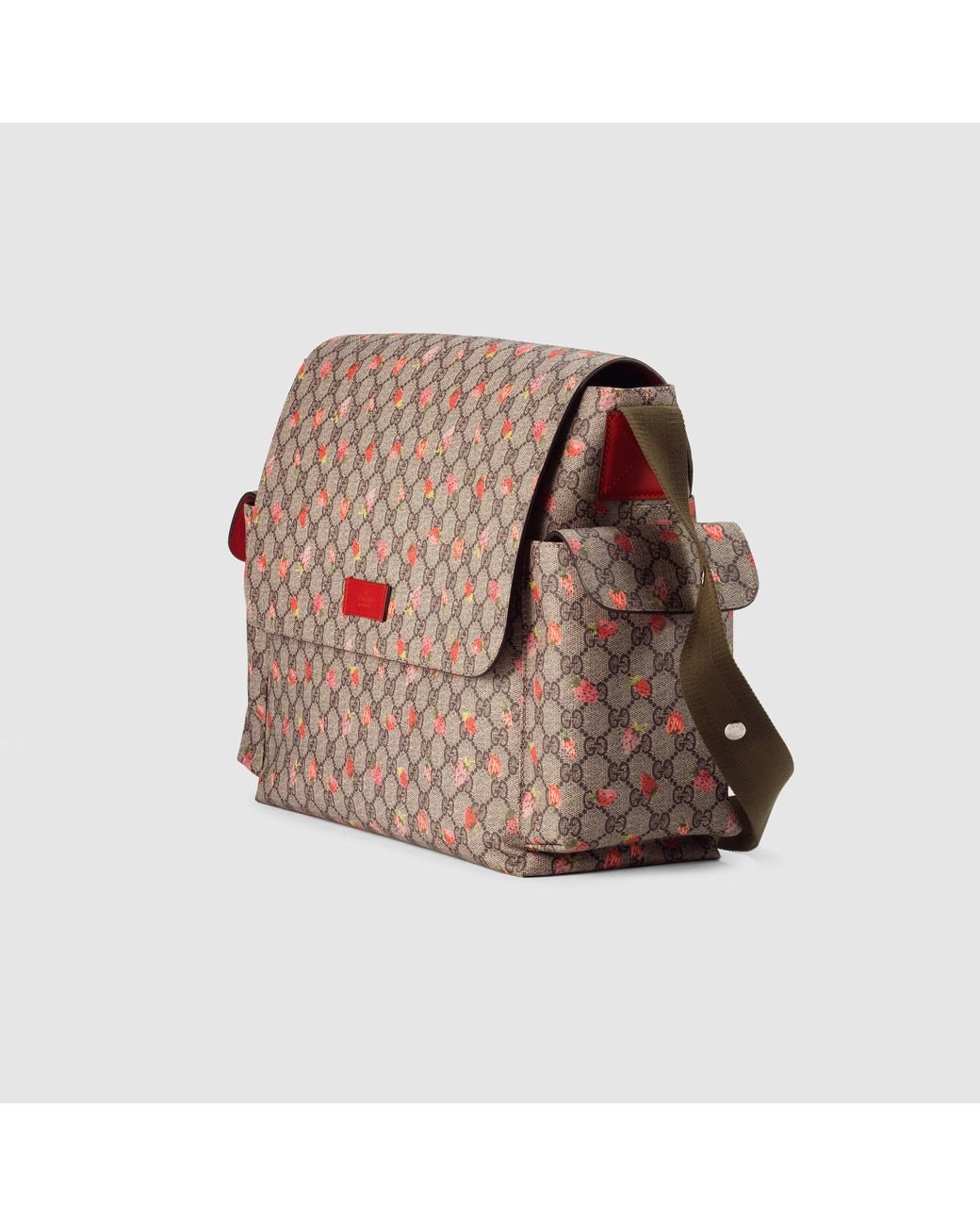 Gucci Strawberry Print GG Canvas Diaper Bag Beige Multicolor New