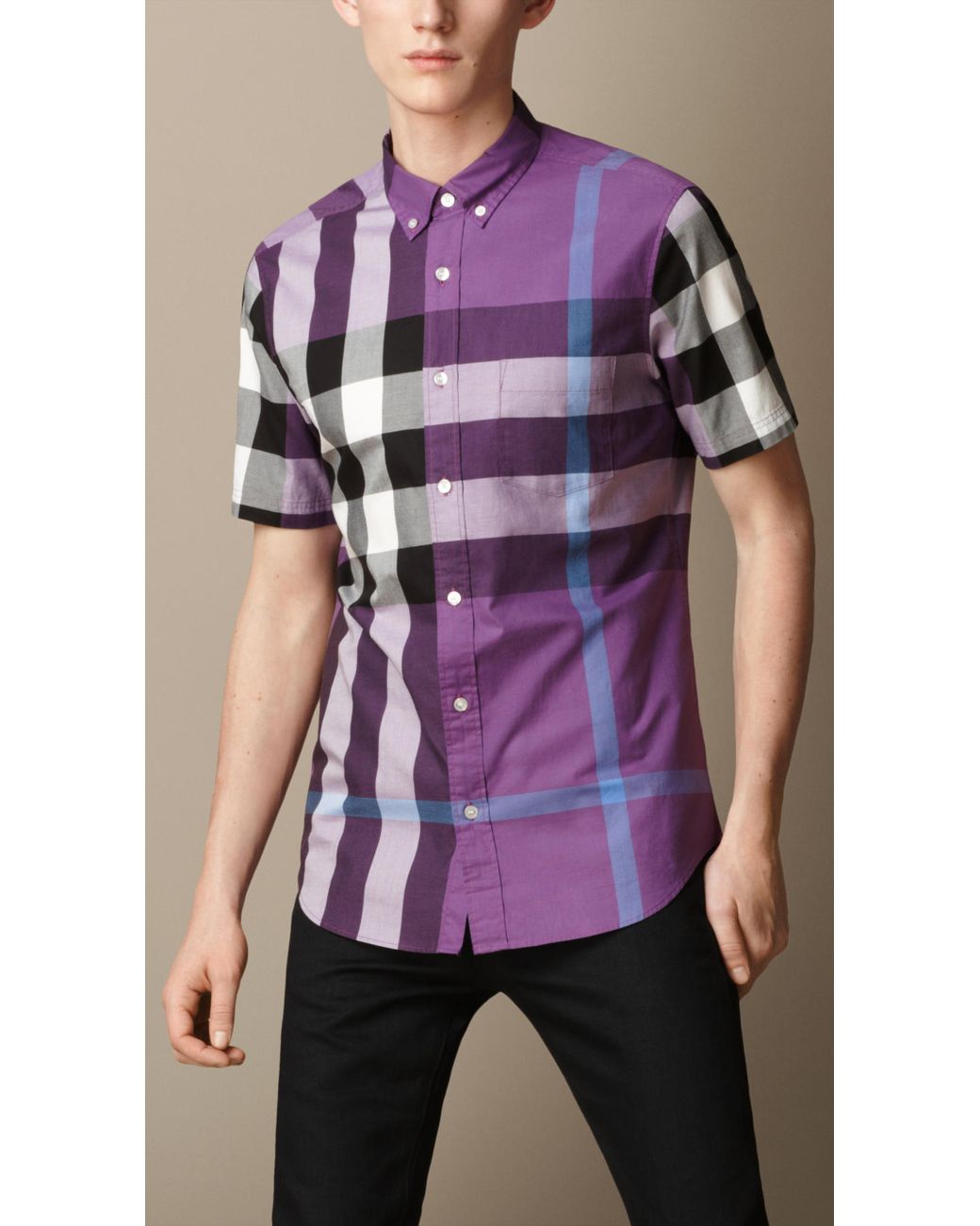 Burberry Giant Exploded Check Cotton Shirt in Purple for Men | Lyst