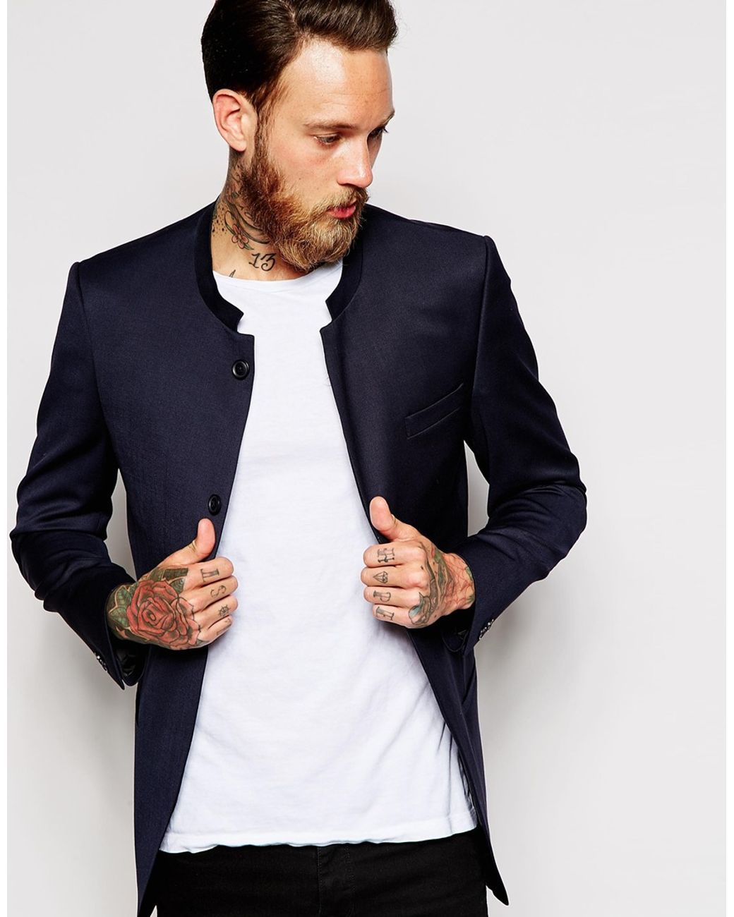 ASOS Slim Fit Blazer With Mandarin Collar in Blue for Men | Lyst
