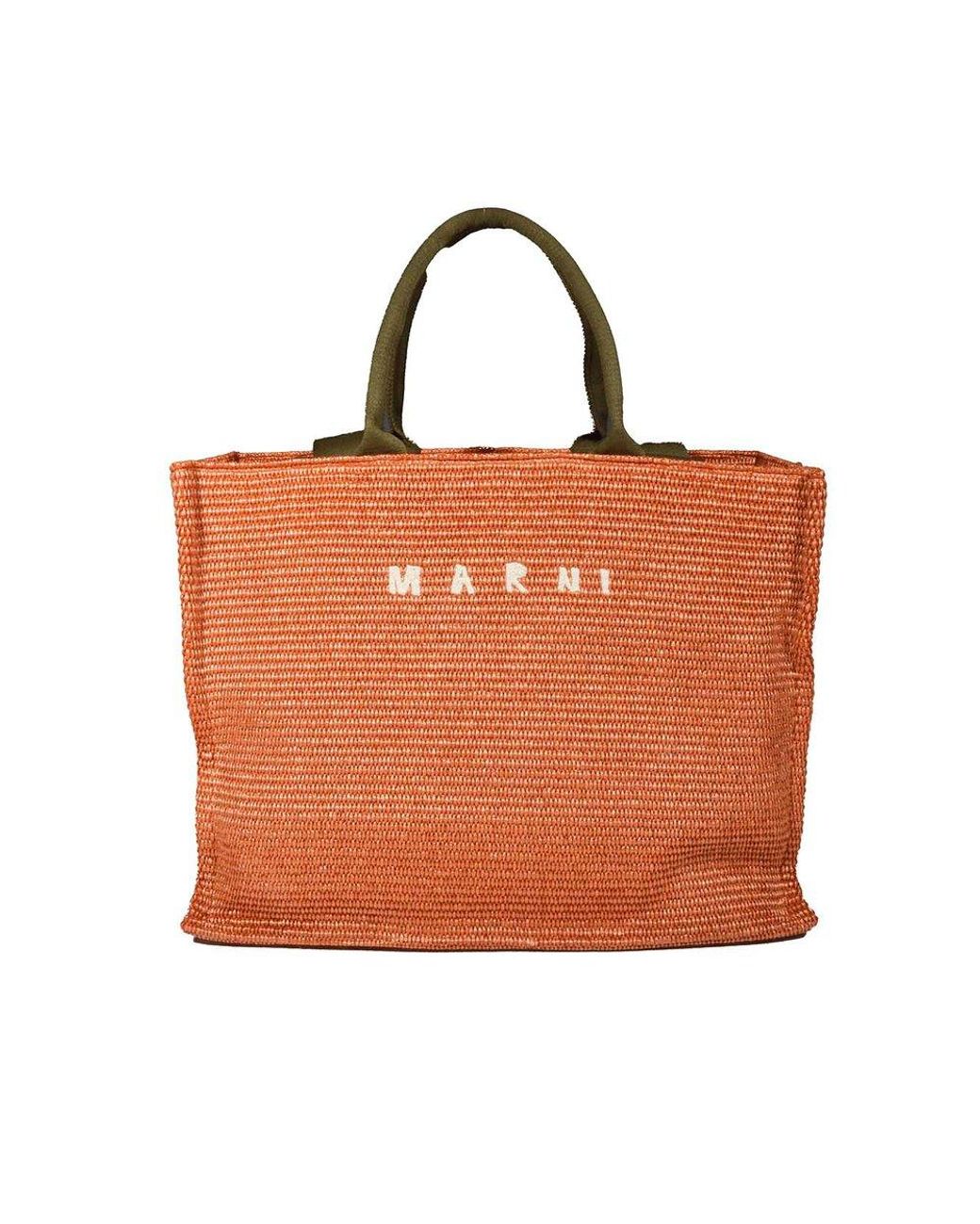 Marni logo-embroidered raffia tote bag - Brown