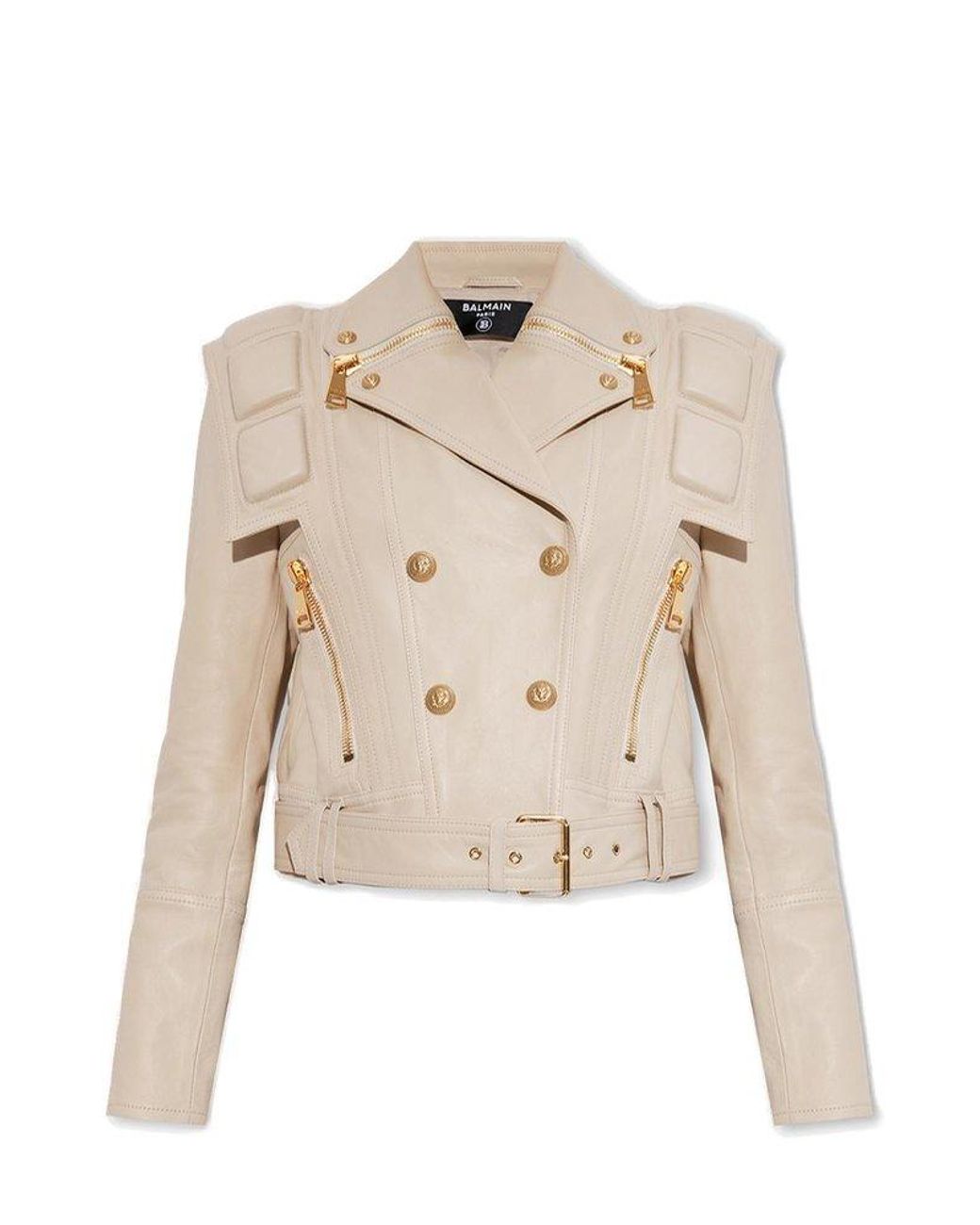 Balmain Double Breasted Leather Jacket in Natural | Lyst