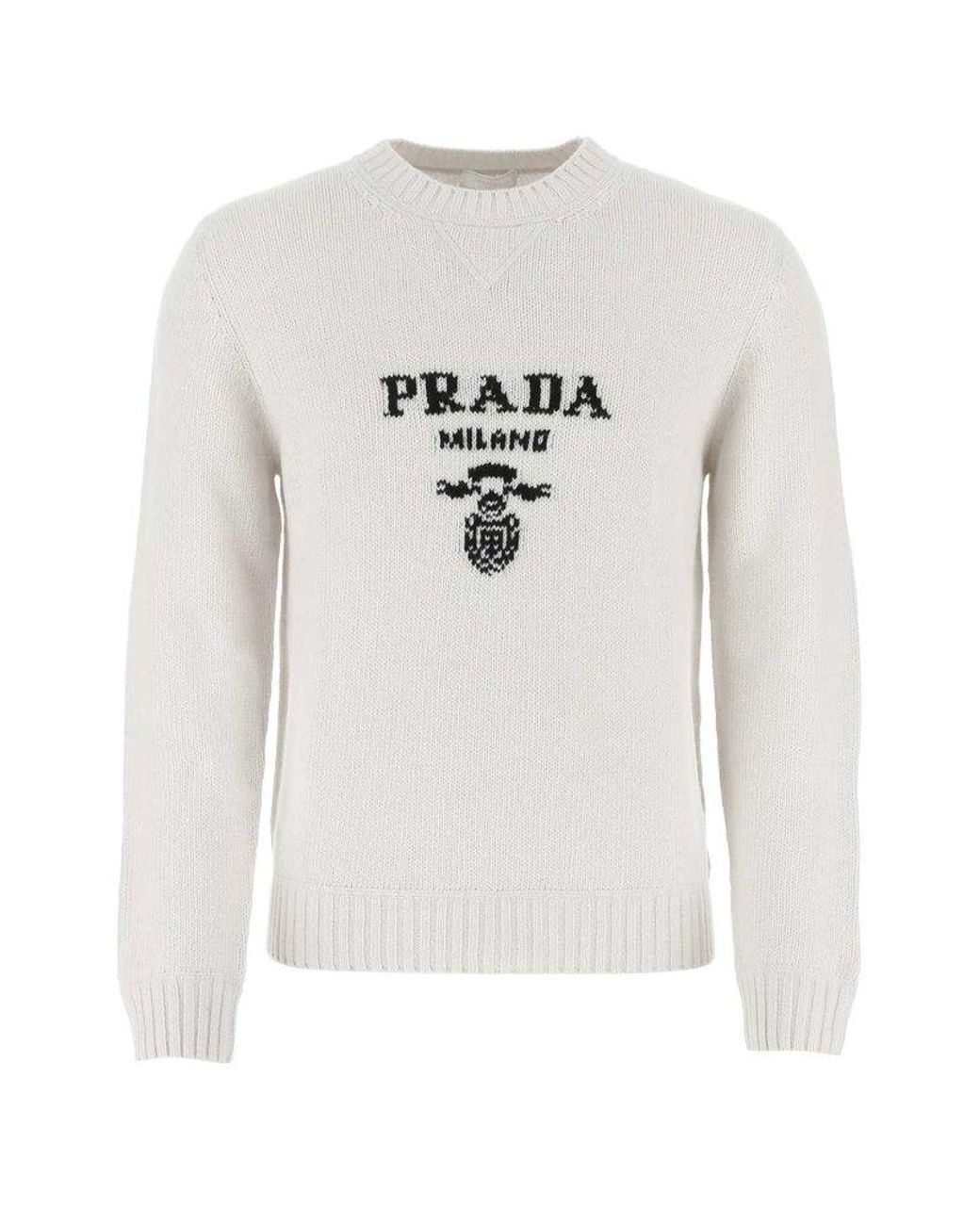Prada Intarsia Logo Knit Crew-neck Sweater in White for Men | Lyst