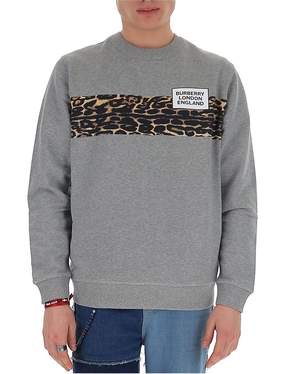 Burberry Cotton Leopard Print Panelled Crewneck Sweatshirt in Grey ...