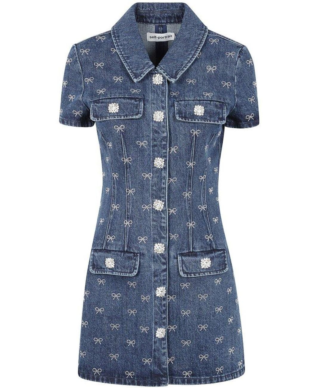 self-portrait デニム ディアマンテ ボウカラー ミニドレス Denim Diamante Bow Mini Dress – self-portrait-US