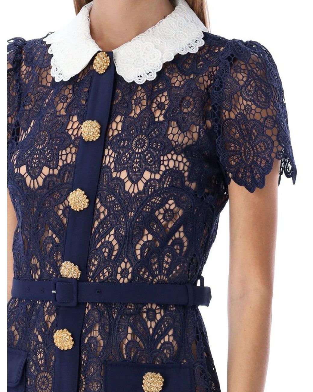 Self-Portrait Navy Guipure Floral Lace Overlay Strappy Midi Dress S