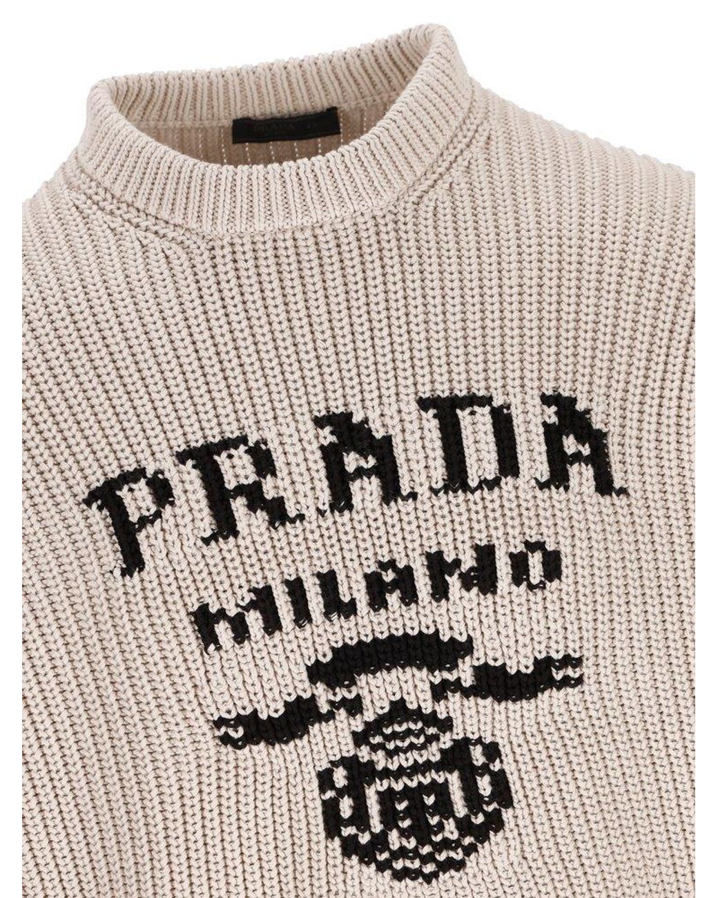 【送料&関税込】Prada Logo Intarsia Crewneck Knitted Jumper Prada Logo Intarsia-knitted Crewneck Jumper in Natural for