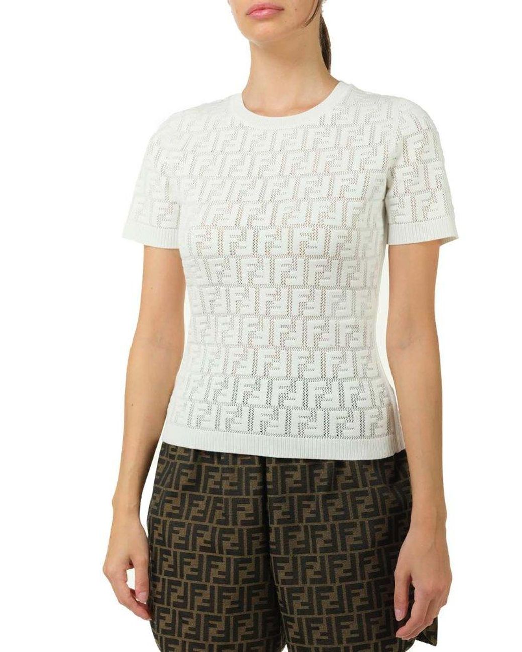 Fendi Ff Motif Knit Short sleeved Top in White Lyst
