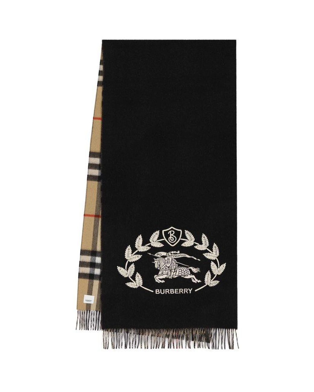 Burberry Checked Logo Embroidered Fringed Scarf in Black for Men | Lyst