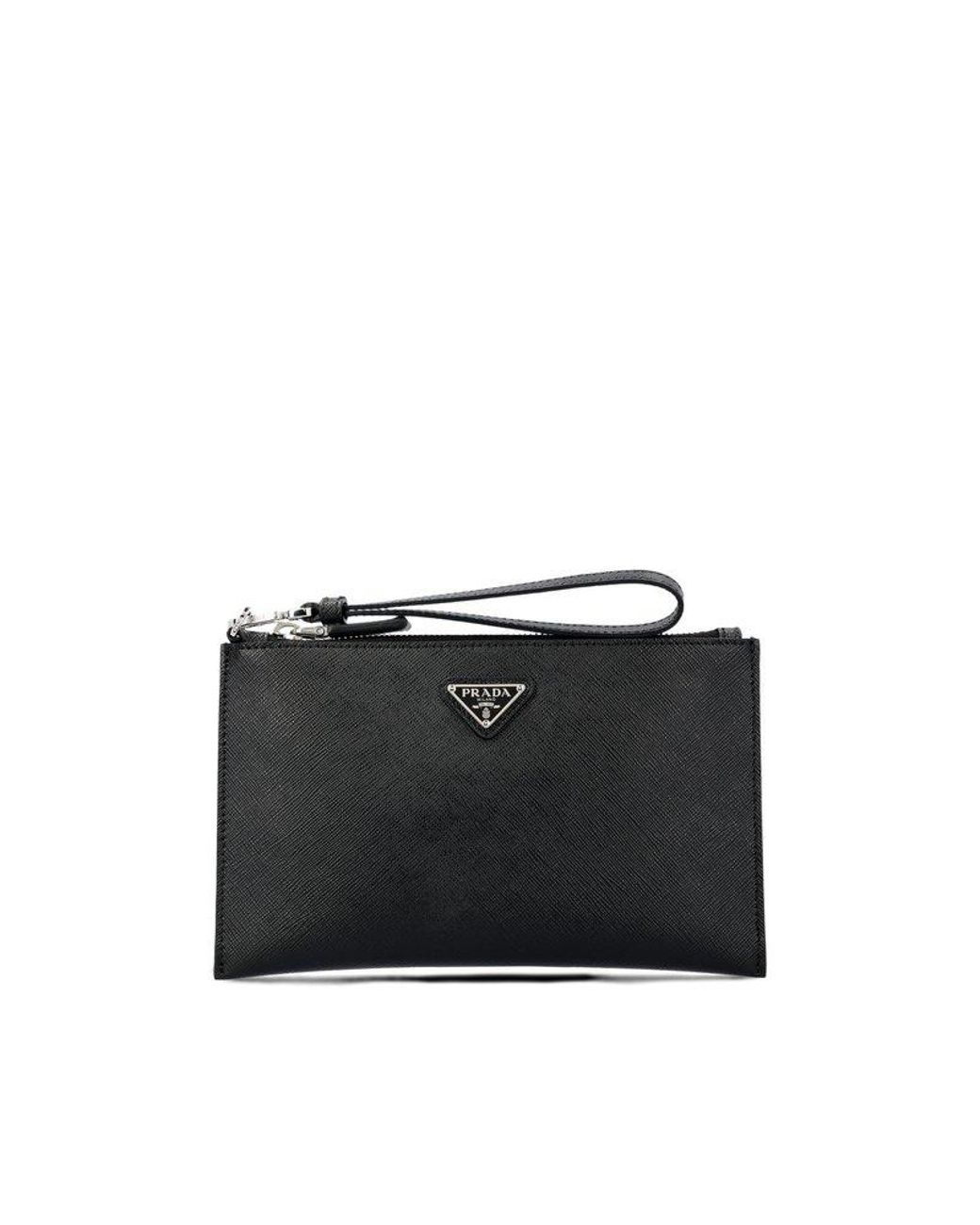 Prada Logo Plaque Clutch Bag Black in Nylon with Silver-tone - US