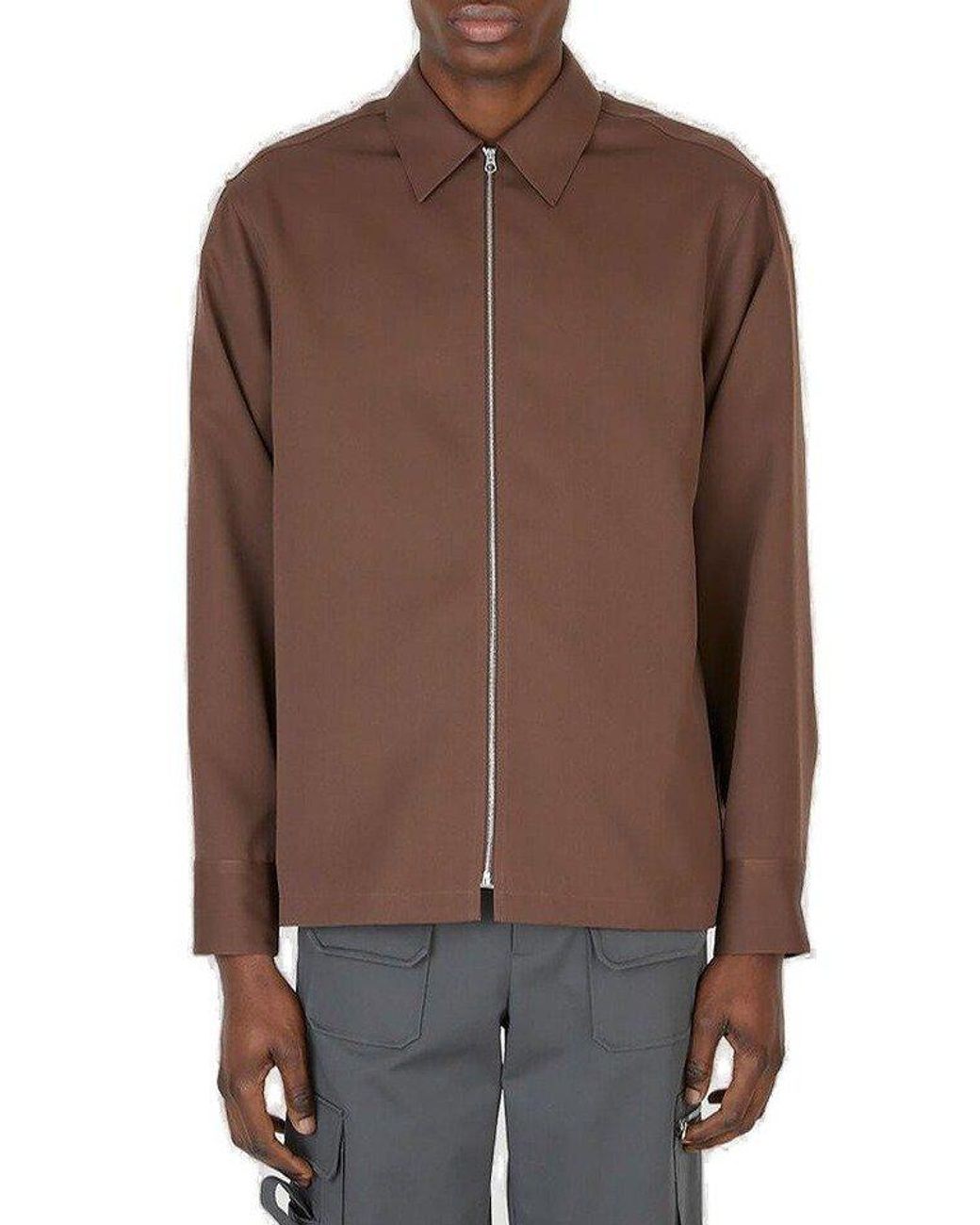 Jil Sander Zipped Long-sleeved Shirt Jacket in Brown for Men | Lyst
