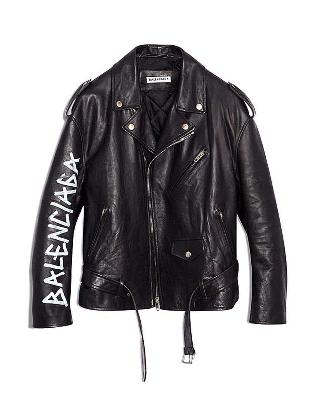 Balenciaga Leather Logo Graffiti Biker Jacket in Black for Men | Lyst