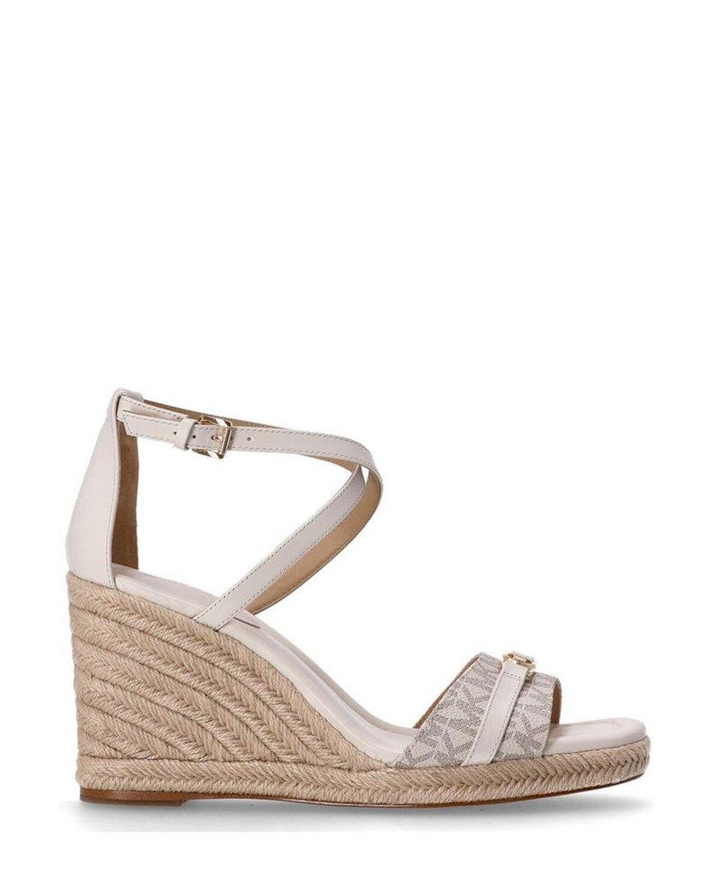【送料&関税込】Michael Kors Mandy Wedge Sandal In White Lea Michael Kors Mandy Signature Logo Wedge Sandals in Natural