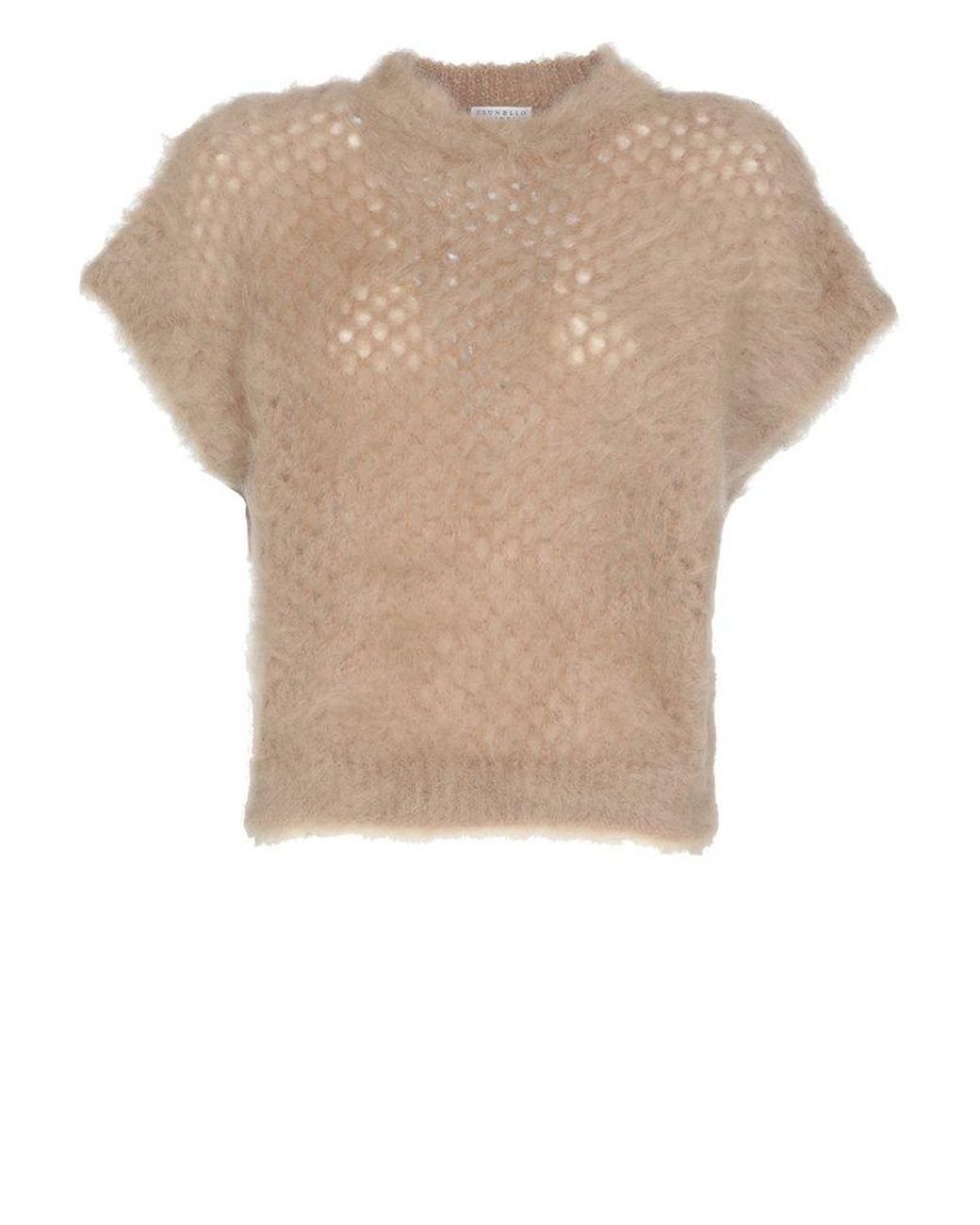 Womens Clothing Tops Short-sleeve tops Brunello Cucinelli Cotton V-neck Short-sleeved Knit Top in Pink 