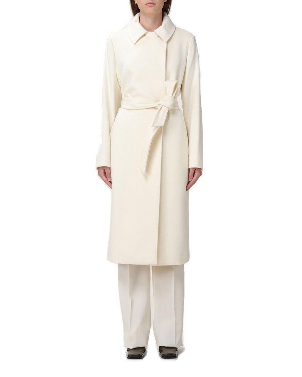 Max Mara Studio Belted Long-sleeved Coat in Natural | Lyst