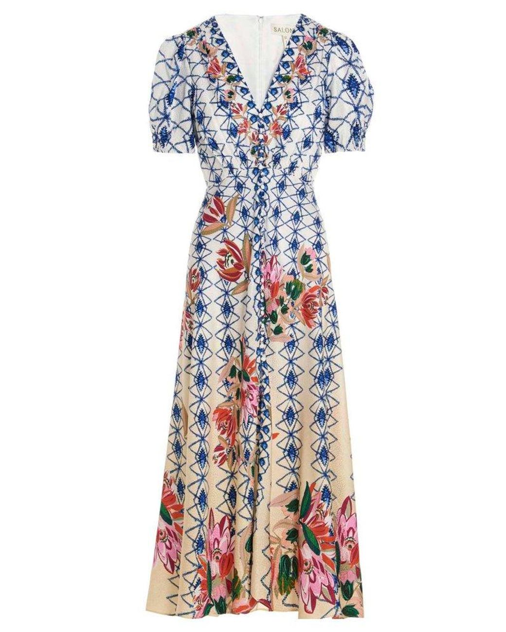 Saloni Silk Lea Printed V-neck Midi Dress in Blue | Lyst