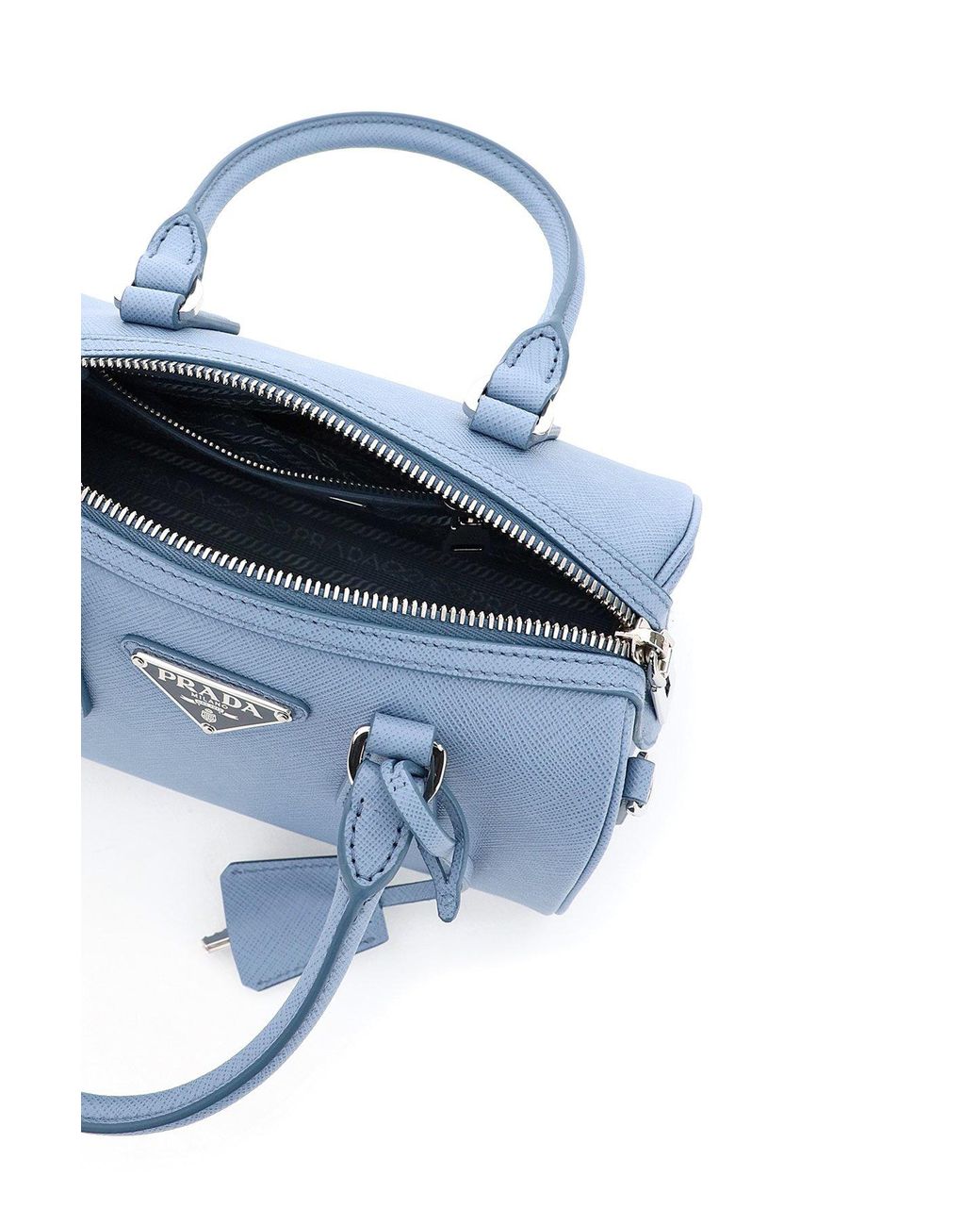 Prada Triangle Logo Zip Crossbody Bag Embossed Saffiano Leather Small Blue  218090117