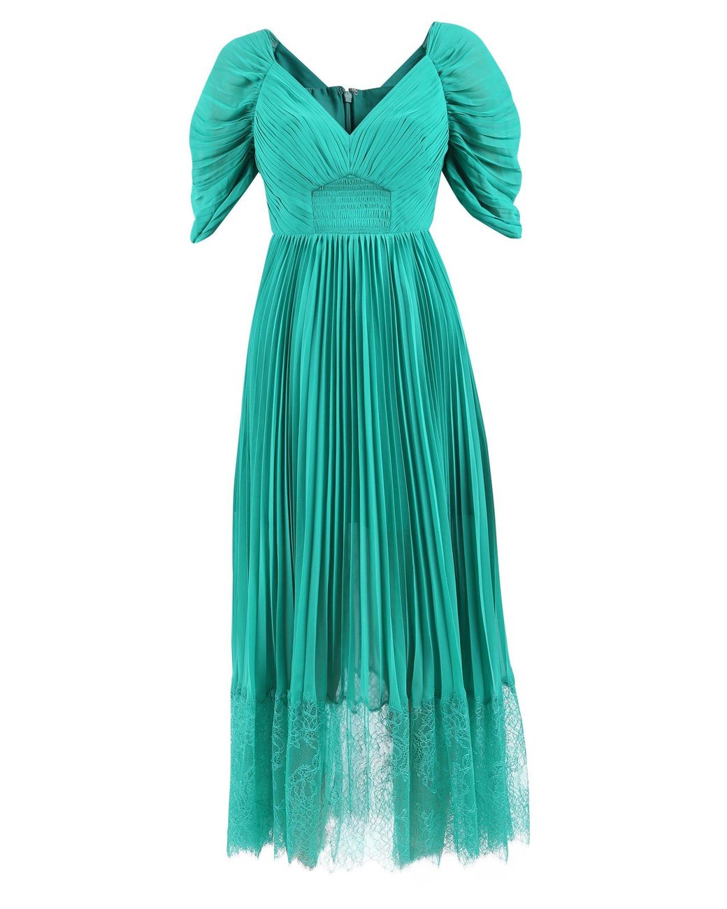 Self-Portrait Synthetic Pleated Lace Trim Midi Dress in Green - Save 8% ...