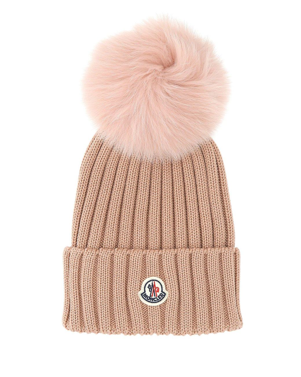 Moncler Wool Logo Patch Pompom Beanie in Pink - Lyst