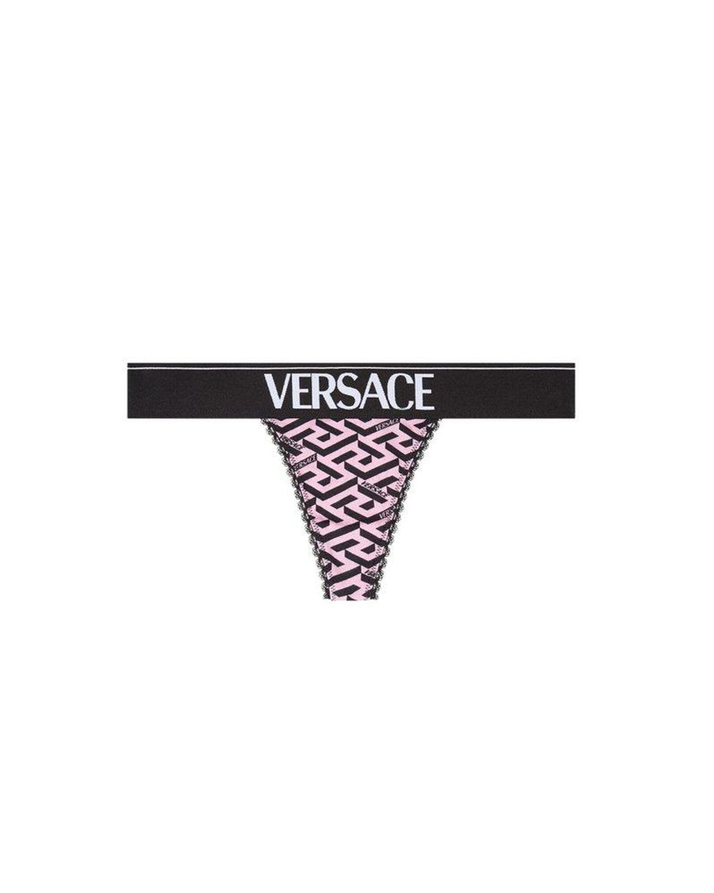 Versace Logo Waistband La Greca Pattern Thong in Pink