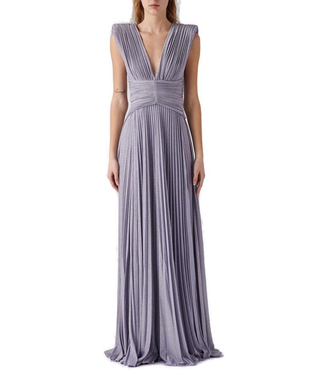 Elisabetta Franchi V-Neck Pleated Maxi Dress in Purple | Lyst