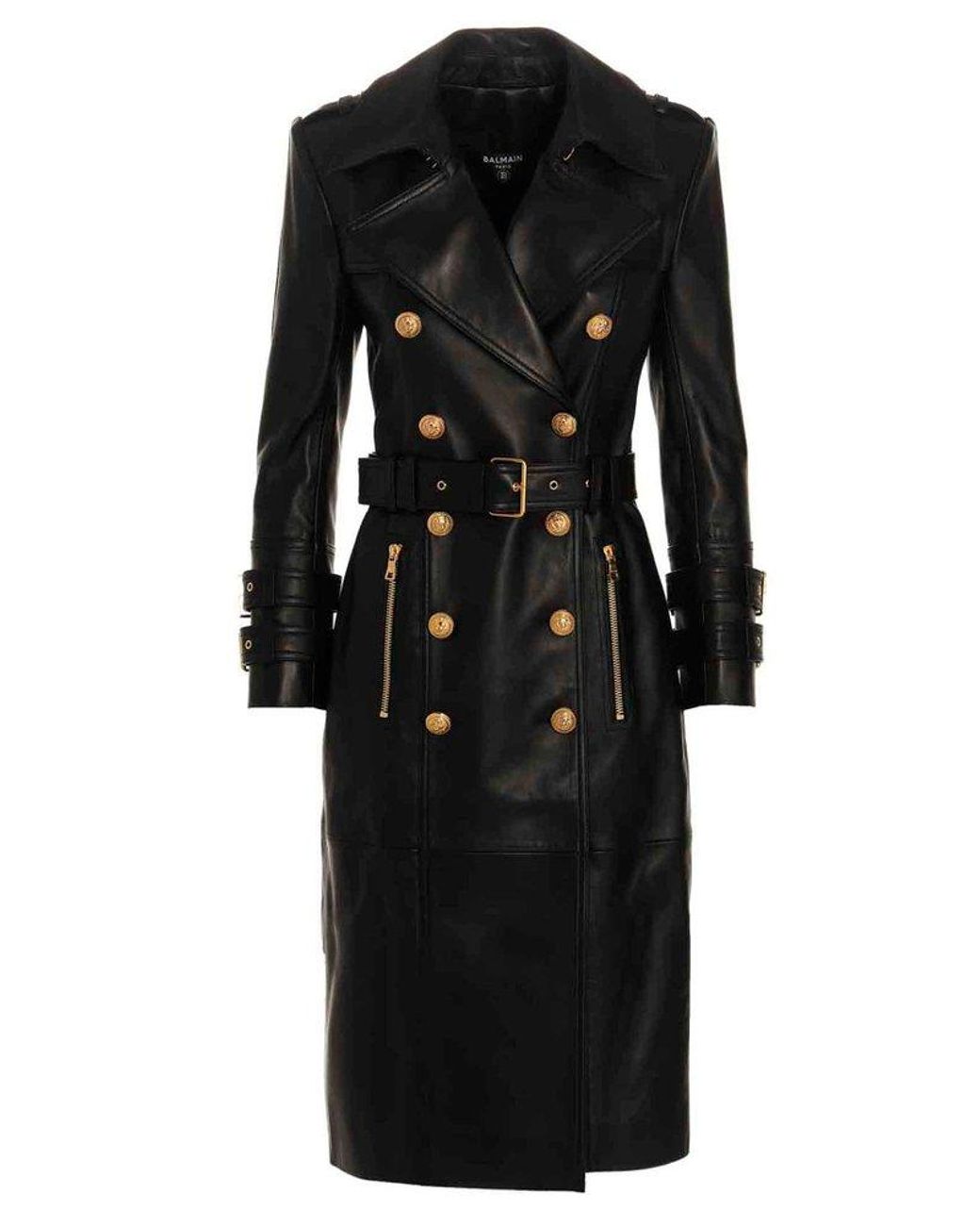 Balmain Belted Double Breasted Leather Trench Coat In Black Lyst