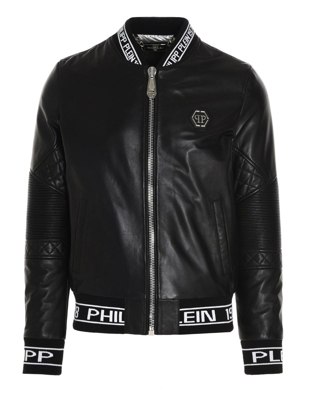 Philipp Plein Logo Detail Leather Bomber Jacket in Black for Men - Lyst