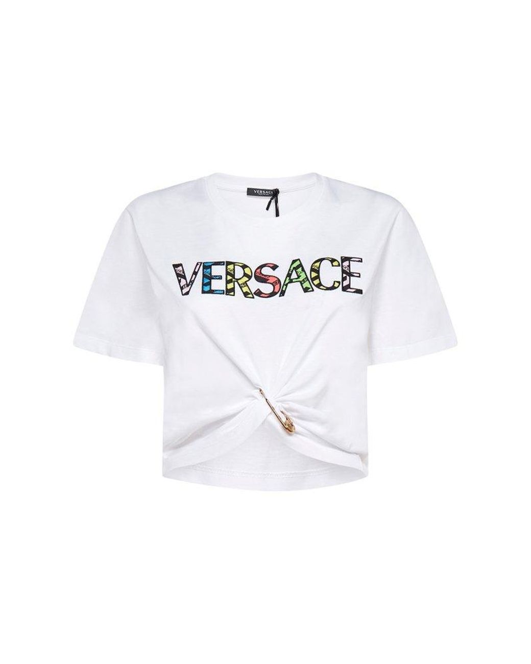 Versace Logo Printed Safety Pin T-shirt in White | Lyst