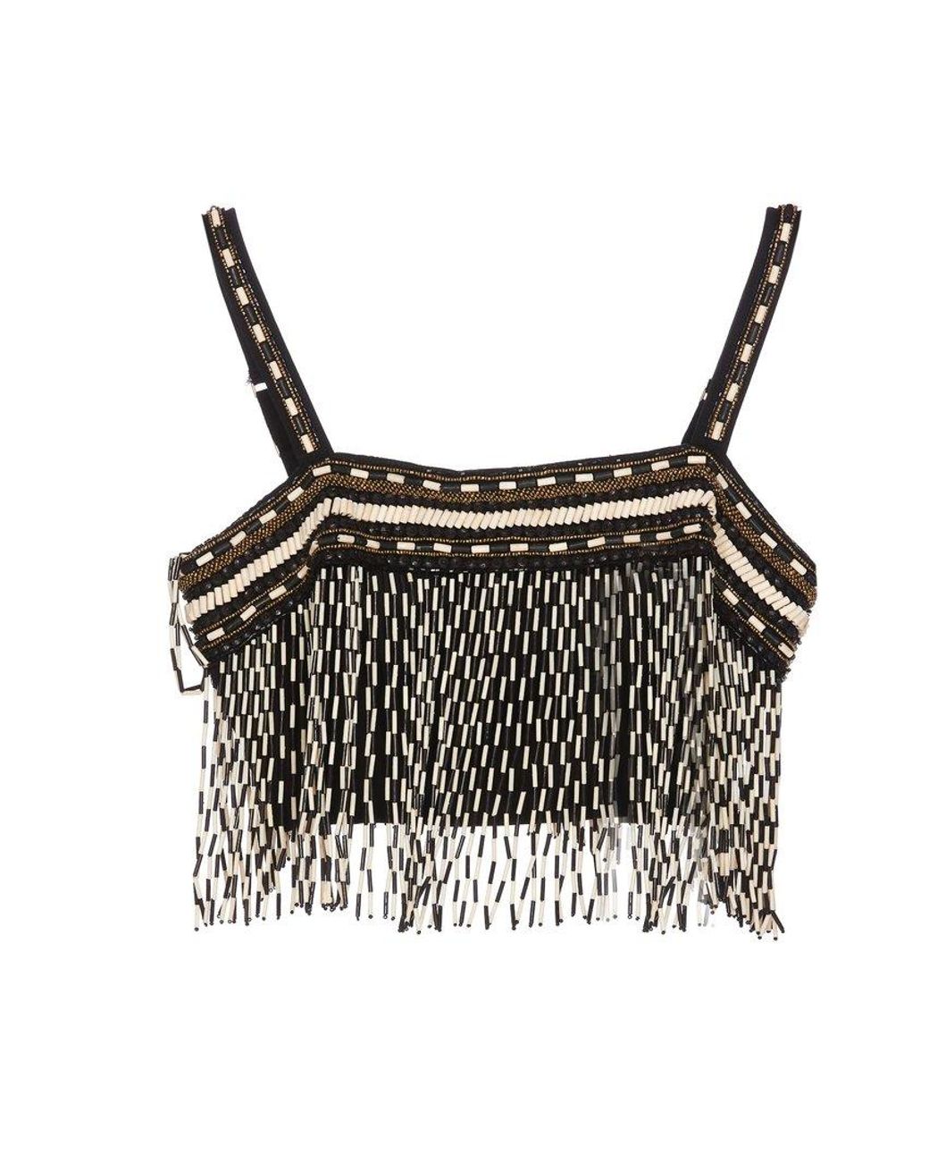 Elisabetta Franchi Beadembellished Fringed Cropped Top in Black Lyst
